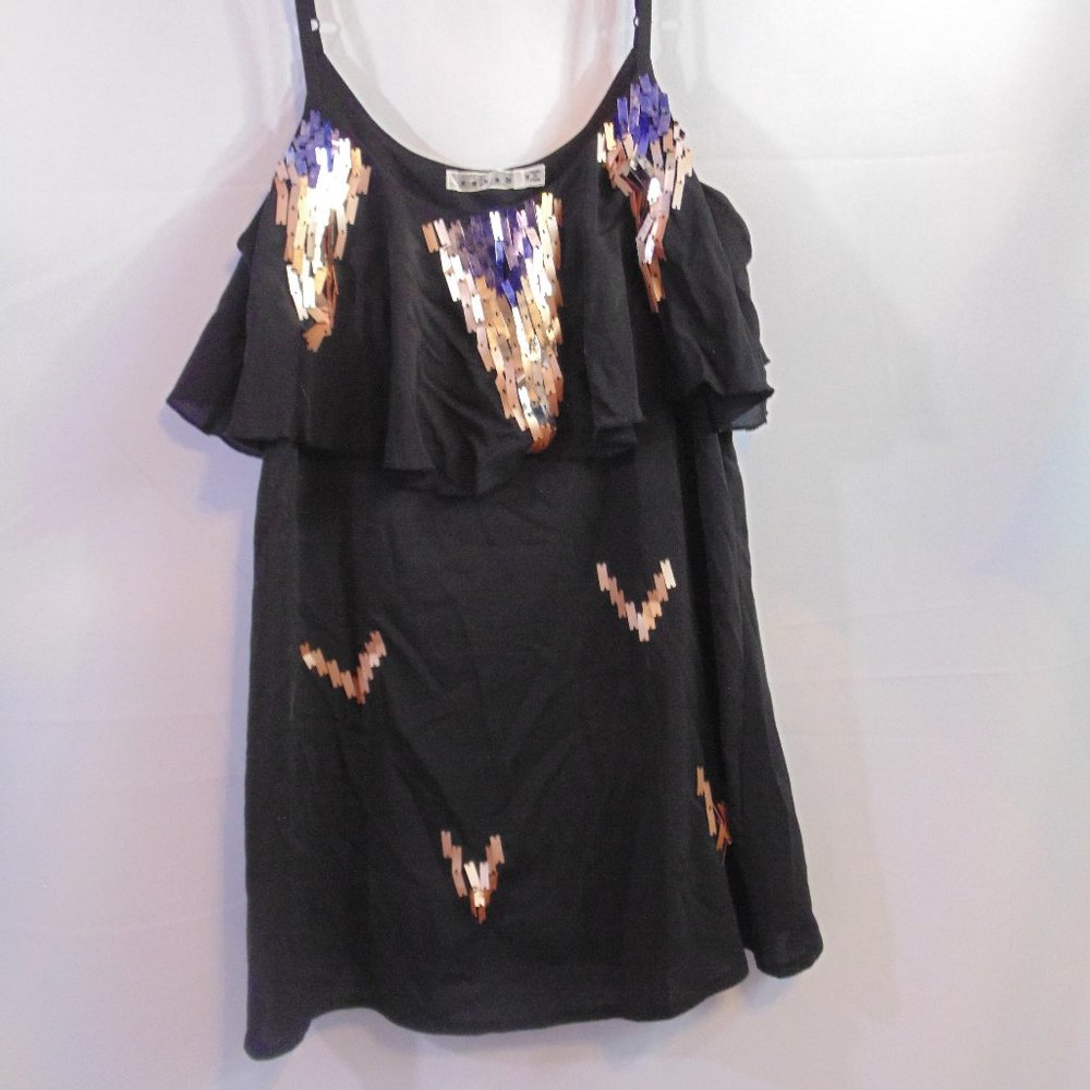 Rehab sequin Black Ruffle aztec print mini dress Size medium